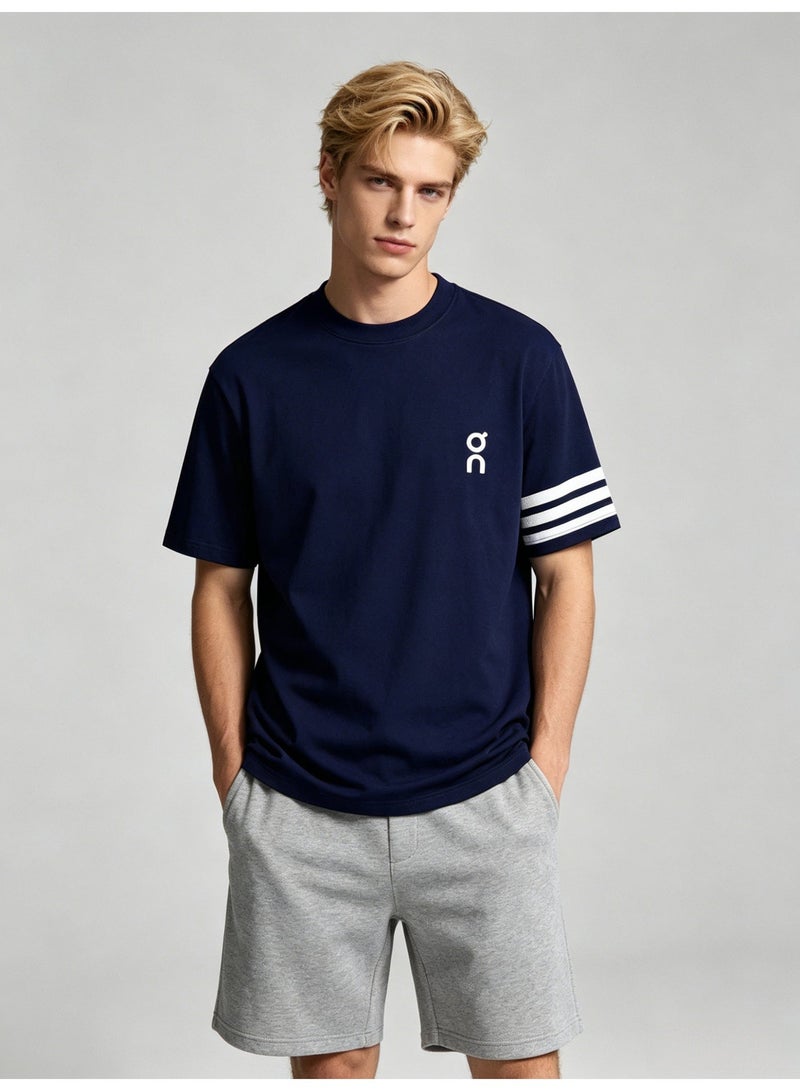 اون راننج On Running Men’s Navy Crew Neck Short Sleeve T-Shirt with White Logo & Three White Sleeve Stripes - Image 5