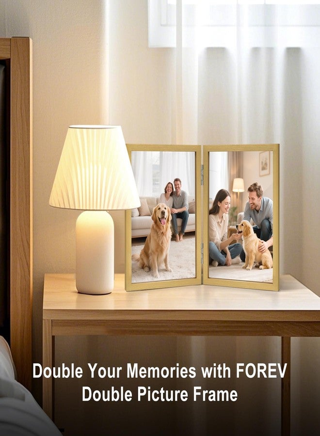 FOREV 5x7 Double Picture Frame Wooden Hinged Photo Frame Definition Glass Stand Vertically on Desktop or Tabletop Gold - Image 2