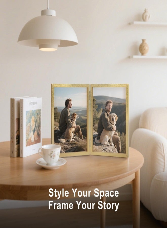 FOREV 5x7 Double Picture Frame Wooden Hinged Photo Frame Definition Glass Stand Vertically on Desktop or Tabletop Gold - Image 5