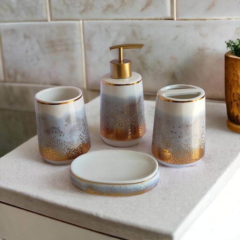 Whizzo Ceramic Bathroom Accessories Set Ceramic 4 Pieces Multicolor Bathroom Accessories Set Soap Dispenser Toothbrush Holder Tumbler Soap Dish The Best Gifting Choice Grey - Image 2