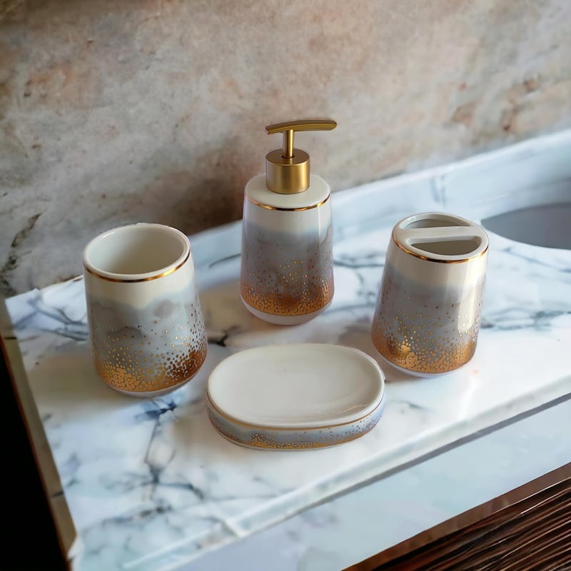 Whizzo Ceramic Bathroom Accessories Set Ceramic 4 Pieces Multicolor Bathroom Accessories Set Soap Dispenser Toothbrush Holder Tumbler Soap Dish The Best Gifting Choice Grey - Image 4