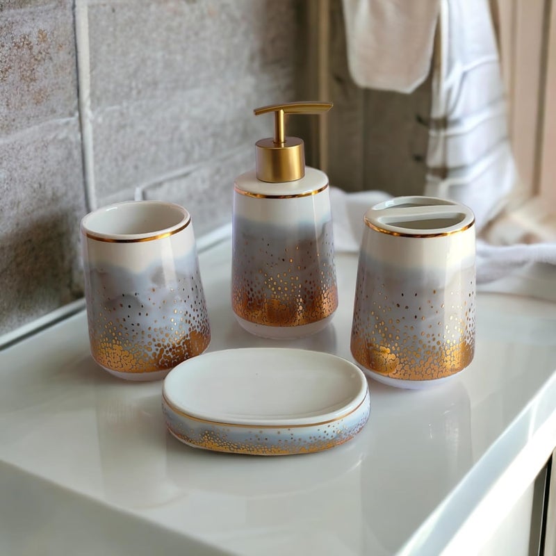 Whizzo Ceramic Bathroom Accessories Set Ceramic 4 Pieces Multicolor Bathroom Accessories Set Soap Dispenser Toothbrush Holder Tumbler Soap Dish The Best Gifting Choice Grey - Image 1