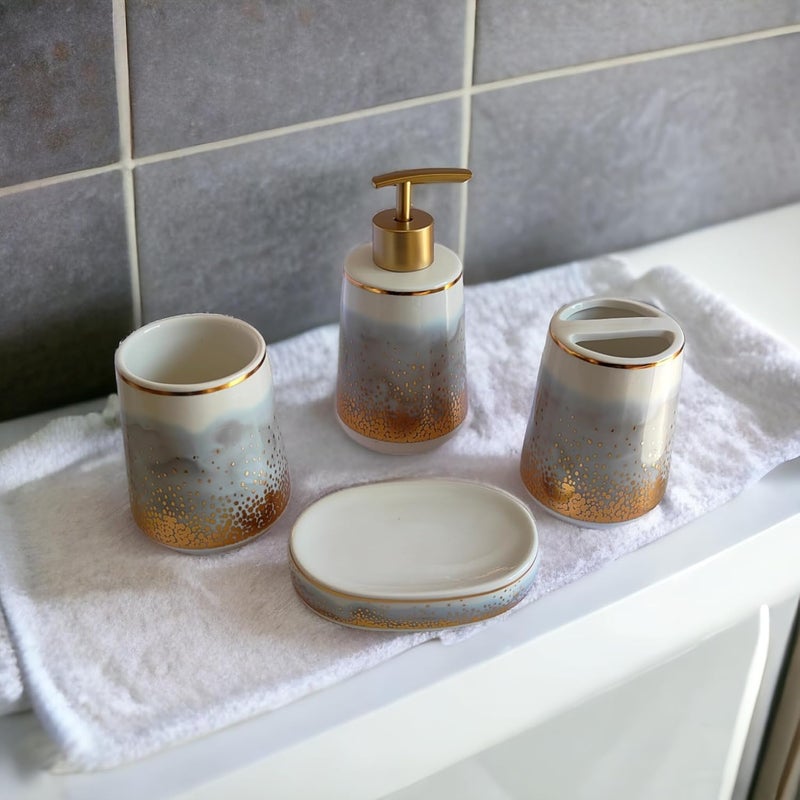 Whizzo Ceramic Bathroom Accessories Set Ceramic 4 Pieces Multicolor Bathroom Accessories Set Soap Dispenser Toothbrush Holder Tumbler Soap Dish The Best Gifting Choice Grey - Image 3