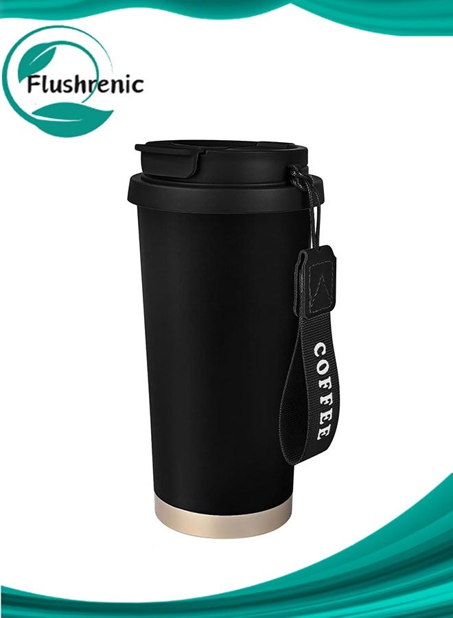 فلوشرينيك كوب قهوة للسفر - 17 أونصة سعة كبيرة مع غطاء وقشة ترمس قهوة من الفولاذ المقاوم للصدأ، كوب قهوة للسفر مزدوج الجدار مع عازل فراغي (أسود) - Image 1