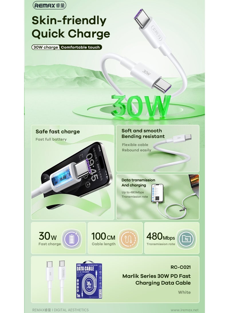 REMAX RC-C021 Marlik Series Type C to Type C, USB C, 30 W Fast PD Charging Cable, Charge Cable, Data Cable, 1M, 1 Meter, White, High quality with CE, FCC, RoHS certification - Image 4