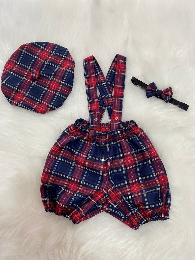 Eylülce Butik Eylülce Boutique Plaid Children's Suspender Shorts, Painter's Hat & Bow Tie Set - Cake Pop Costume  - Image 1