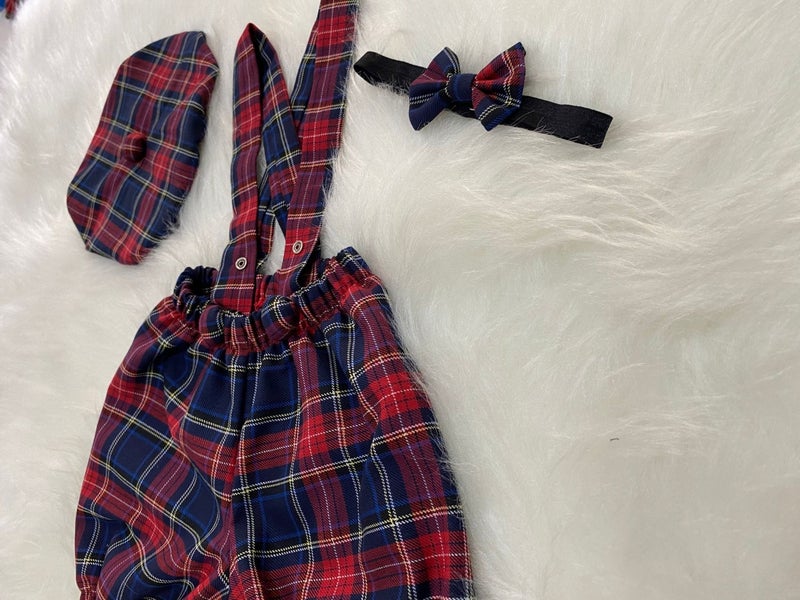 Eylülce Butik Eylülce Boutique Plaid Children's Suspender Shorts, Painter's Hat & Bow Tie Set - Cake Pop Costume  - Image 2
