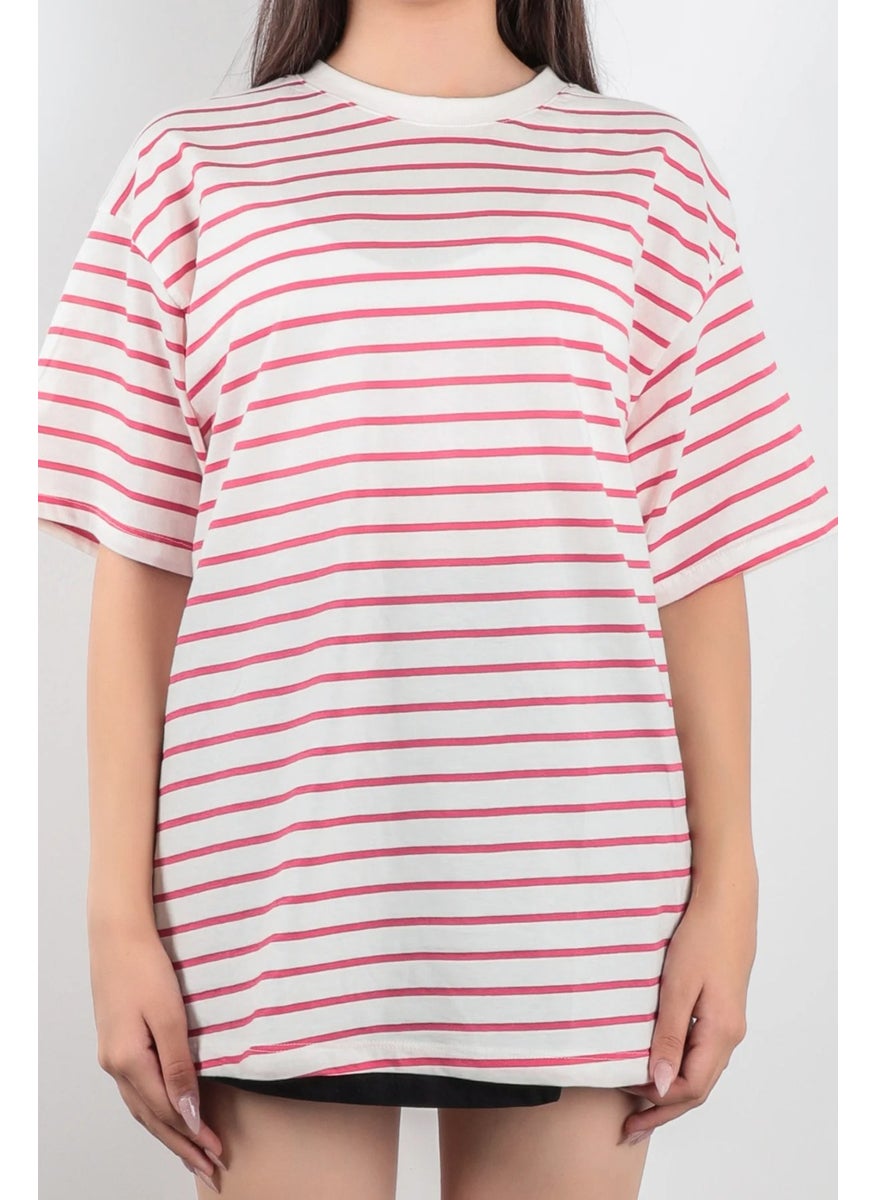 Giysa Sweet Pink Jersey Crew Neck Striped Women's T-Shirt 100% Cotton - 24805  - Image 1