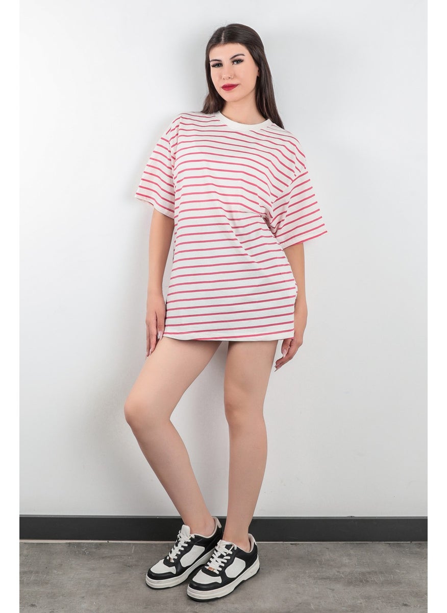 Giysa Sweet Pink Jersey Crew Neck Striped Women's T-Shirt 100% Cotton - 24805  - Image 3
