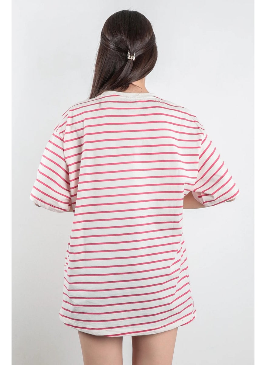 Giysa Sweet Pink Jersey Crew Neck Striped Women's T-Shirt 100% Cotton - 24805  - Image 2