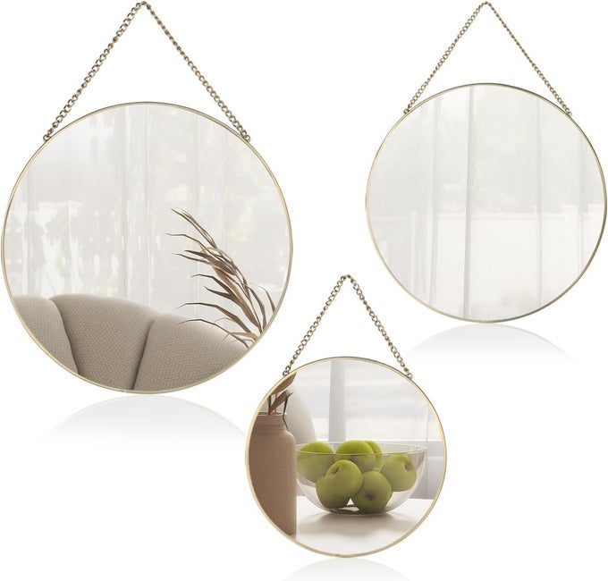 ROUND WALL MIRROR SET WITH HANGING CHAIN SCRATCHPROOF SILVER MIRROR DECORATIVE GOLDEN METAL FRAME MIRROR FOR AESTHETIC ROOM DECOR BATHROOM BEDROOM LIVING ROOM PACK OF 3