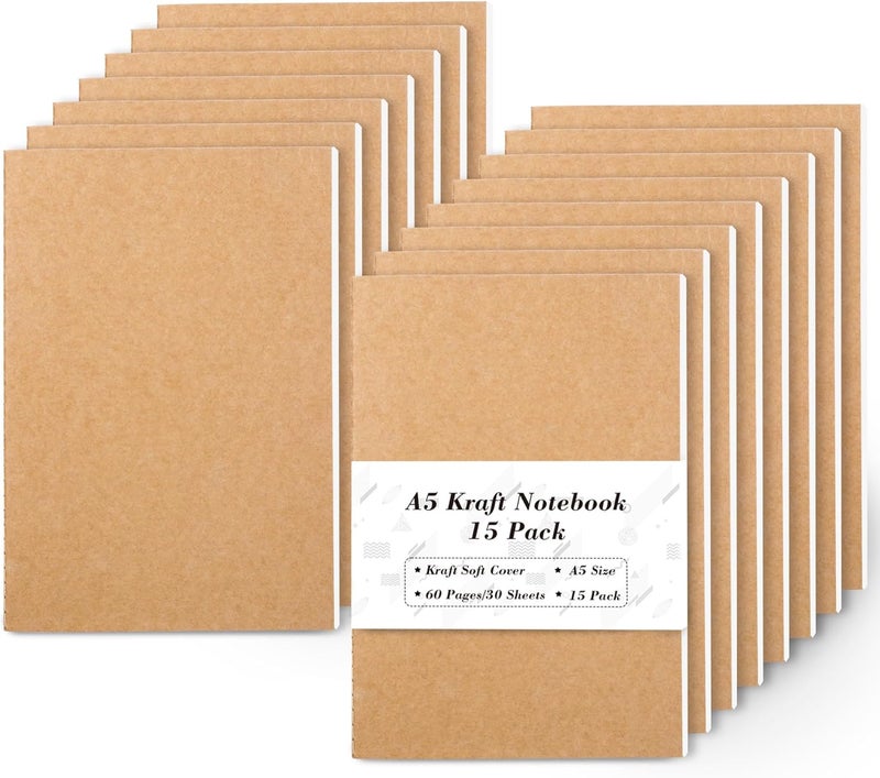 Feela 15 Pack A5 Kraft Notebooks, 60 Lined Blank Pages Travel Journal Bulk, Soft Cover Notebooks for Women Girls Students, Making Plans Writing Memos Office School Supplies, 8.3 X 5.5 in - Image 1