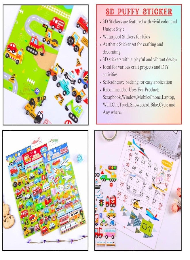Funspark Vehicle 8 Sheet 3D Puffy Sticker Set – Cartoon Cars, Trucks, Construction & Transport Self-Adhesive Waterproof Stickers for Kids Scrapbook, Diary & DIY Crafts - Image 4