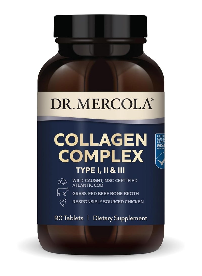 Dr. Mercola Collagen Complex Type I II III Wild Caught MSC Certified, Grass fed beef Bone Broth Respponsibly Sourced Chicken - Dietary Supplement 90 Tablets - Image 1