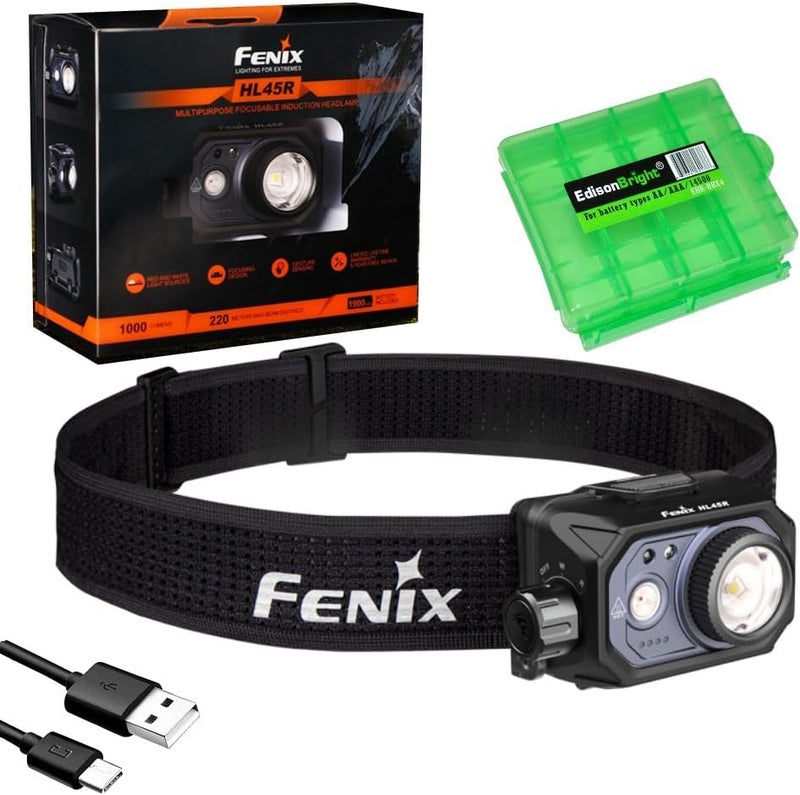 Fenix HL45R 1000 Lumen Adjustable Beam Headlamp Rechargeable AAA Dual Fuel Gesture Sensing FloodlightSpotlight Red Light with EdisonBright Battery Carrying case - Image 1