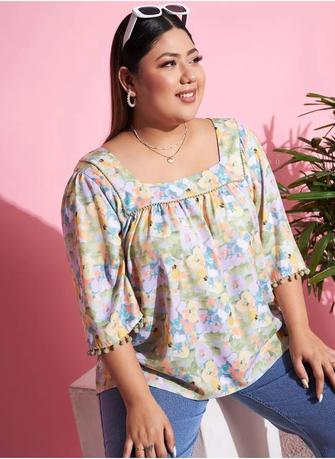 ساسافراس Plus Floral Print Square Neck Top by Styli