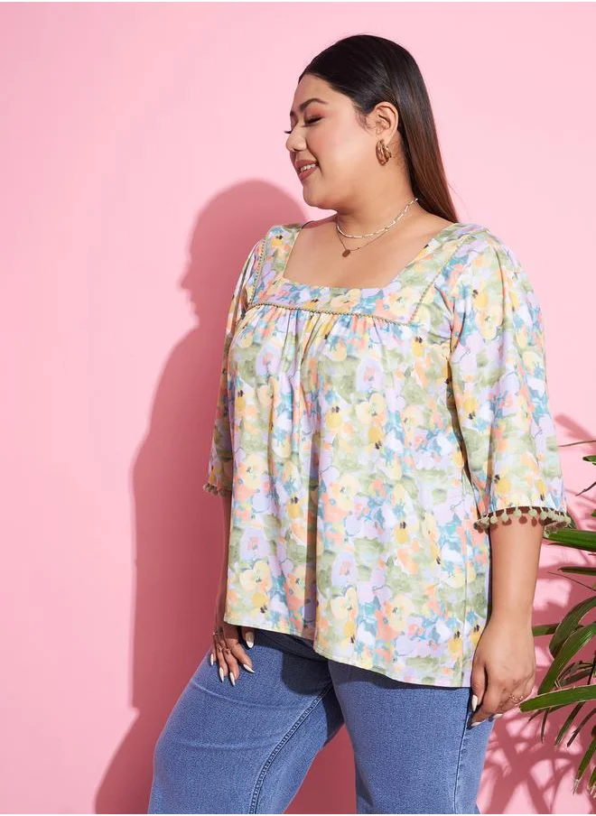 ساسافراس Plus Floral Print Square Neck Top by Styli