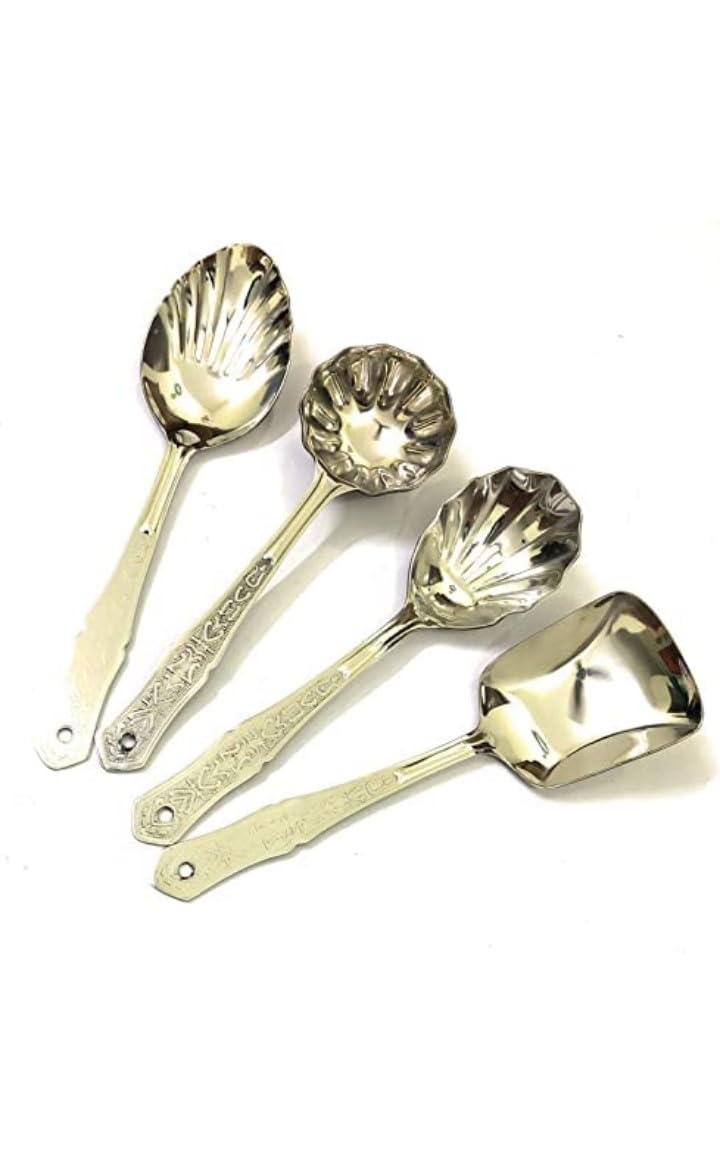 DiBha Stainless Steel Designer Serving Spoon Spatula Set of 4, Color - Silver, 2 Chamcha Pan and Oval, 1 Flower Karchi (Ladle) and 1 Rice Spoon (Length - 28cm)