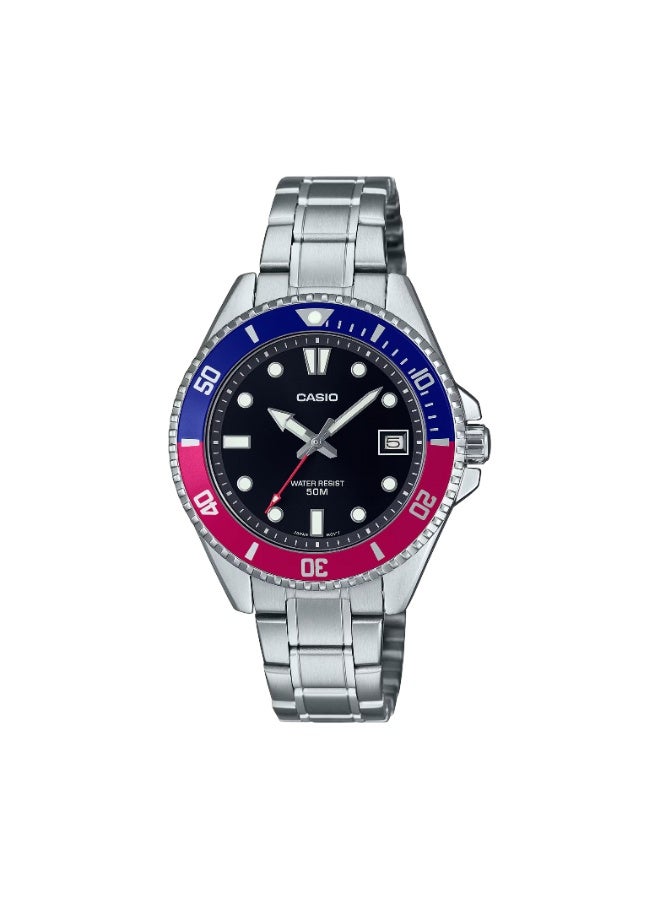 كاسيو ساعة كاسيو MDV-10D-1A3VDF رجالية ستانلس ستيل – قرص أسود، حافة بألوان الأحمر والأزرق، مقاومة للماء 100 متر - Image 1