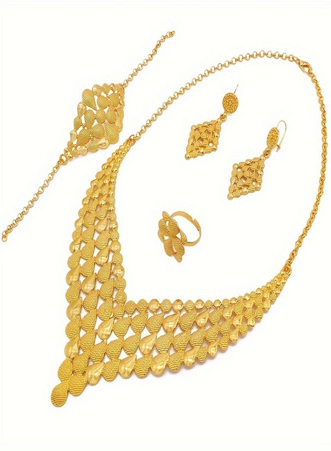 مجموعة مجوهرات الزفاف التقليدية الذهبية Waterdrop مكونة من زوج واحد من الأقراط وقلادة واحدة وسوار واحد وخاتم واحد من النحاس المطلي بالذهب عيار 24 قيراط مجوهرات الزفاف العرقية الفاخرة  - Image 5