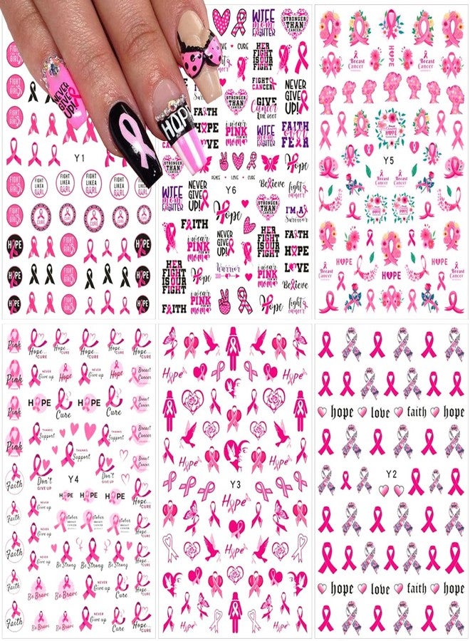 OSTTMA Breast Cancer Nail Art Stickers Decal 3D Self-Adhesive Nail Decals Pink Ribbon Nails Stickers Heart Breast Cancer Awareness Nails Design DIY Manicure Tips Nail Decoration for Women, 6 Sheets - Image 1