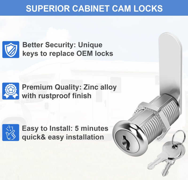Cylinnda Cabinet Locks, 1-1/2" Long Cam Locks Keyed Alike, Cabinet Cam Lock Set for RV Storage, Tool Box, Zinc Alloy (4 Pack, 1-1/2 Inch) - Image 4