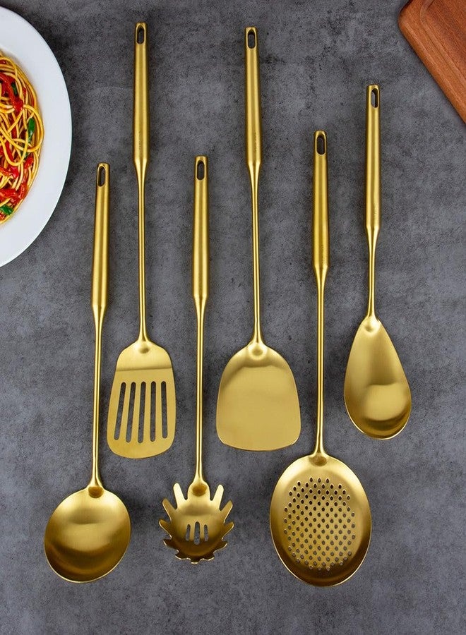 VALESKA Gold 304 Stainless Steel Kitchen Utensils Set, VALESKA 6 PCS Metal Cooking Utensils Set, metal spoon,Wok Spatula, Ladle, Skimmer Slotted Spoon, Serving Large Spoon, Slotted Spatula Tunner - Image 5