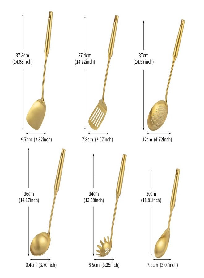 VALESKA Gold 304 Stainless Steel Kitchen Utensils Set, VALESKA 6 PCS Metal Cooking Utensils Set, metal spoon,Wok Spatula, Ladle, Skimmer Slotted Spoon, Serving Large Spoon, Slotted Spatula Tunner - Image 2