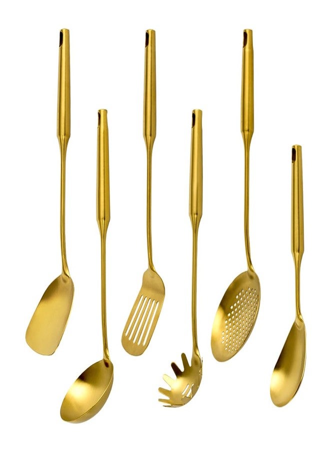 VALESKA Gold 304 Stainless Steel Kitchen Utensils Set, VALESKA 6 PCS Metal Cooking Utensils Set, metal spoon,Wok Spatula, Ladle, Skimmer Slotted Spoon, Serving Large Spoon, Slotted Spatula Tunner - Image 1