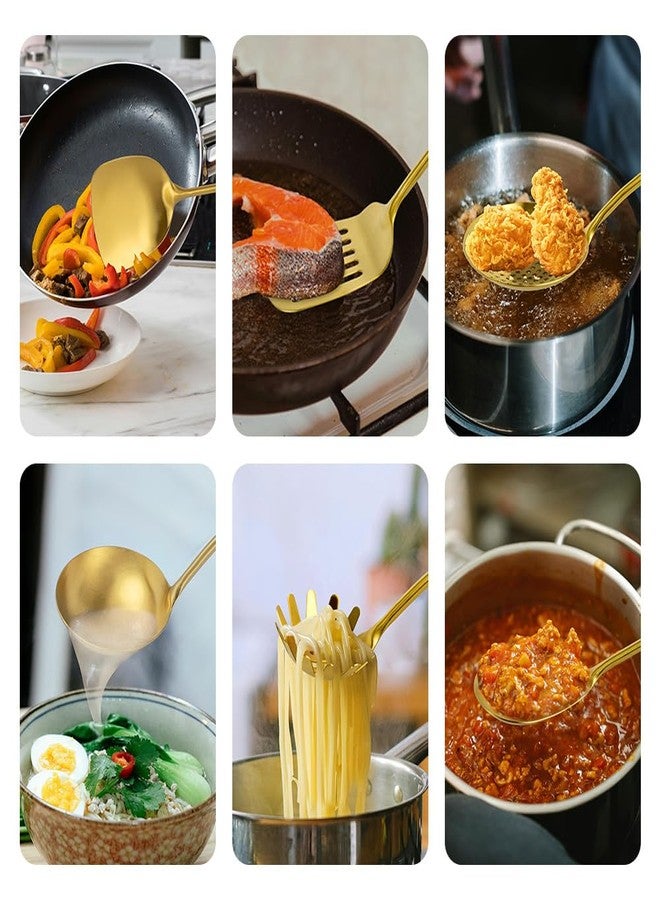 VALESKA Gold 304 Stainless Steel Kitchen Utensils Set, VALESKA 6 PCS Metal Cooking Utensils Set, metal spoon,Wok Spatula, Ladle, Skimmer Slotted Spoon, Serving Large Spoon, Slotted Spatula Tunner - Image 4