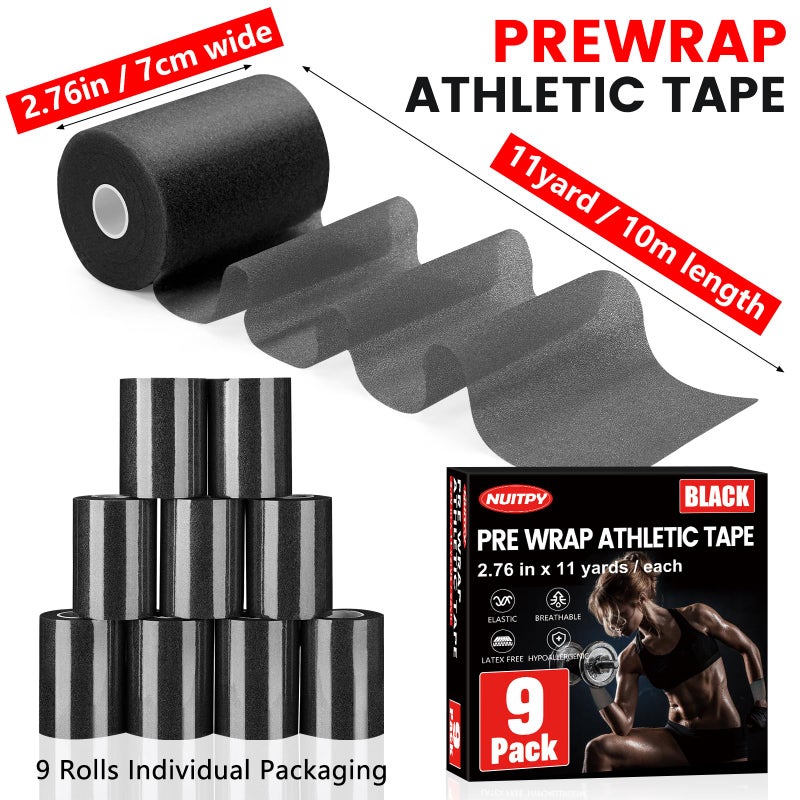 NUITPY 9 Pack Pre Wrap Athletic Tape, 2.76 Inch x 11 Yards Prewrap Tape for Hair Soccer, Pre Wrap Foam Underwrap Tape, Soccer Pre Wrap Tape, Prewrap Tape for Hair, Wrists, Hands, Ankles, Knees - Black - Image 2
