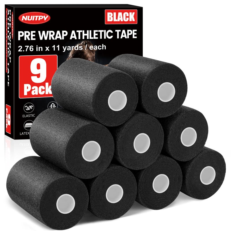 NUITPY 9 Pack Pre Wrap Athletic Tape, 2.76 Inch x 11 Yards Prewrap Tape for Hair Soccer, Pre Wrap Foam Underwrap Tape, Soccer Pre Wrap Tape, Prewrap Tape for Hair, Wrists, Hands, Ankles, Knees - Black - Image 1