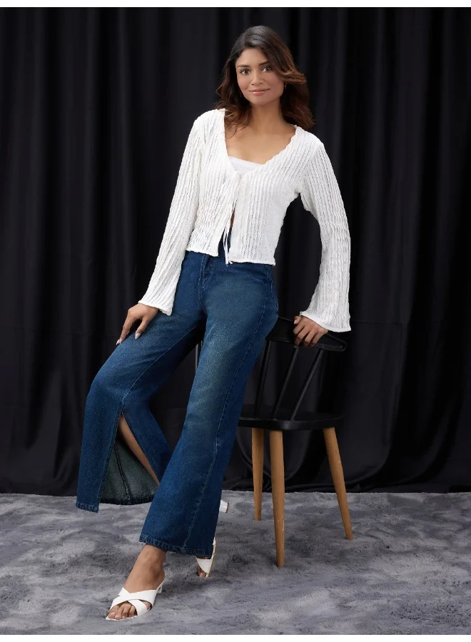 globus Women White Self- Design Lace Detail Tie-Up Neck Flared Sleeve Party Top