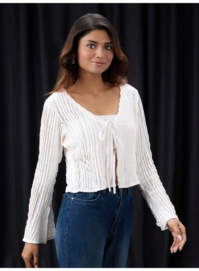 جلو باص Women White Self- Design Lace Detail Tie-Up Neck Flared Sleeve Party Top