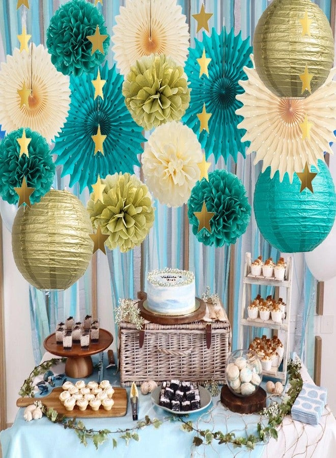 زينة حفلات باللونين الأزرق المخضر والذهبي، فوانيس ورقية زرقاء مخضرة، كرات بوم بوم، مراوح ورقية، زينة حفلات باللون الكريمي المخضر مع إكليل نجوم ذهبي لحفلات أعياد الميلاد وحفلات استقبال المولود وحفلات الزفاف والخطوبة والتخرج باللونين الأزرق المخضر والذهبي - Image 3
