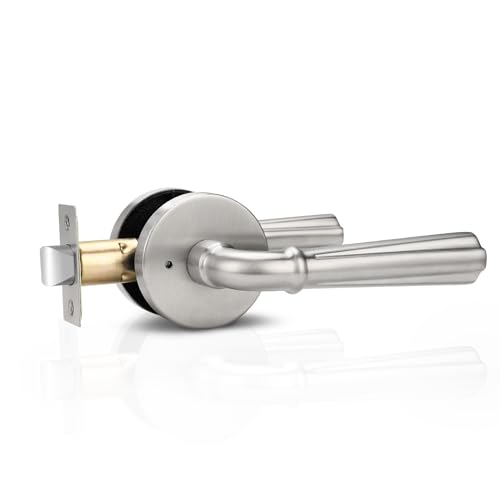 Orger 1 Pack Satin Nickel Privacy Door Lever Interior Door Handle with Lock Keyless Bed Bath Door Handle Round Door Lever Reversible for Left Right Modern Privacy Door Lock Stainless Steel - Image 1