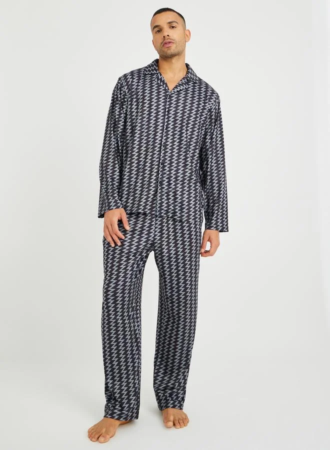 Styli Styli Chevron Printed Long Sleeve Shirt and Pyjama Set