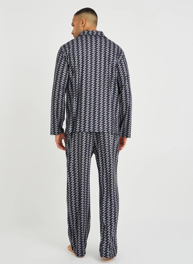 Styli Styli Chevron Printed Long Sleeve Shirt and Pyjama Set