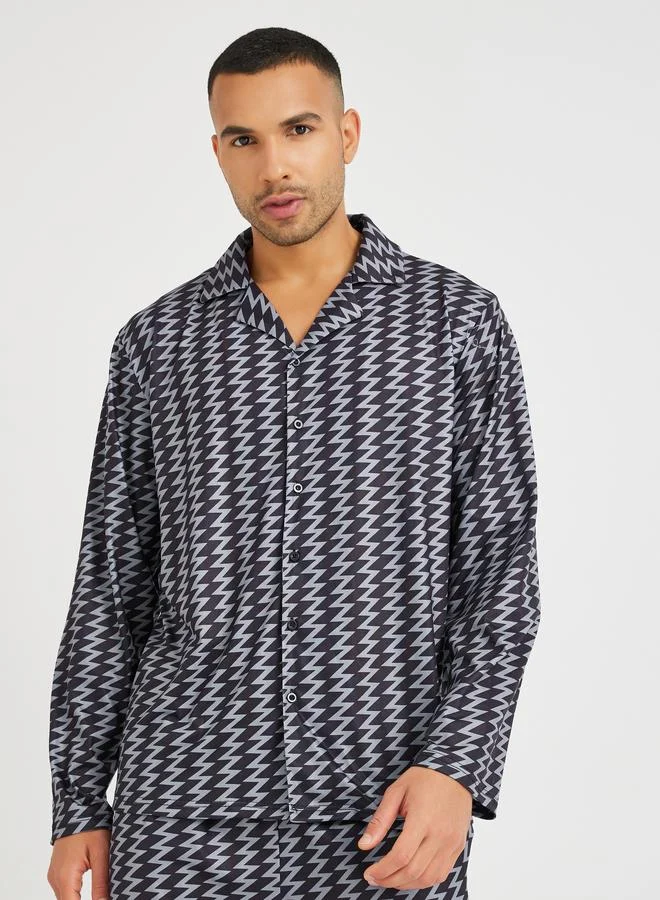 Styli Styli Chevron Printed Long Sleeve Shirt and Pyjama Set