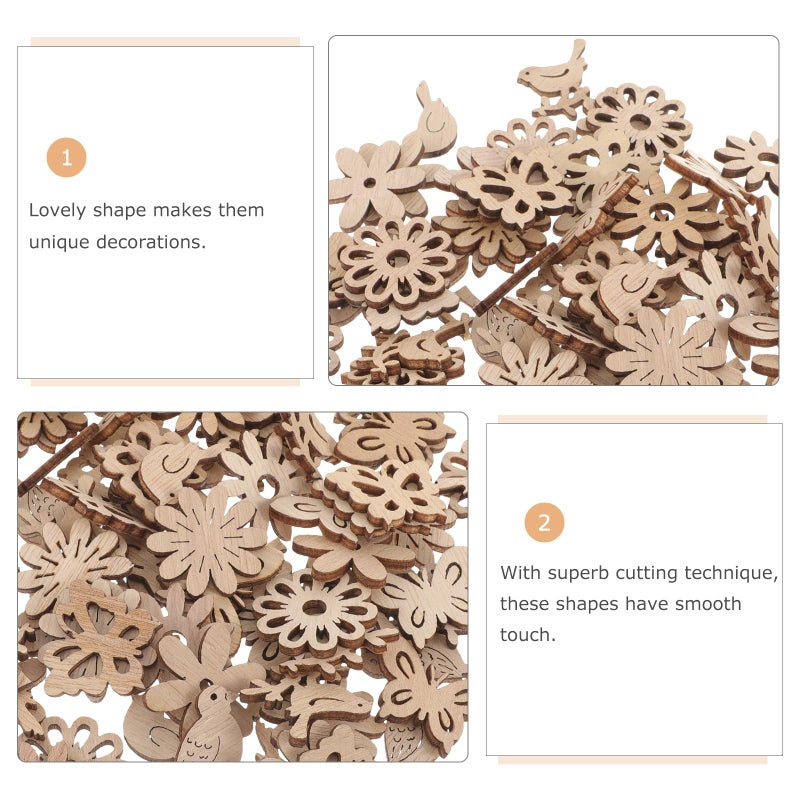 Amosfun Unfinished Wood Cutouts for Crafts, 100PCS Wooden Shapes with Butterfly Flower and Bird Designs, Natural Wood Pieces for DIY Crafts Painting, Party and Home Decoration - Image 4