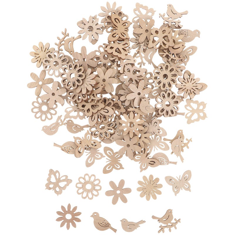 Amosfun Unfinished Wood Cutouts for Crafts, 100PCS Wooden Shapes with Butterfly Flower and Bird Designs, Natural Wood Pieces for DIY Crafts Painting, Party and Home Decoration - Image 1