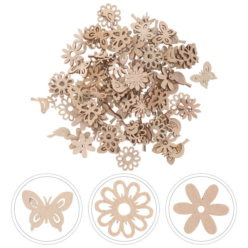 Amosfun Unfinished Wood Cutouts for Crafts, 100PCS Wooden Shapes with Butterfly Flower and Bird Designs, Natural Wood Pieces for DIY Crafts Painting, Party and Home Decoration - Image 3