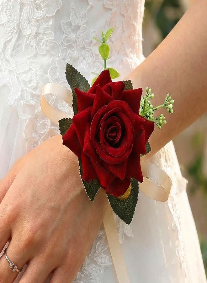 Latious Rose Wrist Corsage Prom Corsages Wristlet Bridal Hand Flower for Women and Girls (Red) - Image 1
