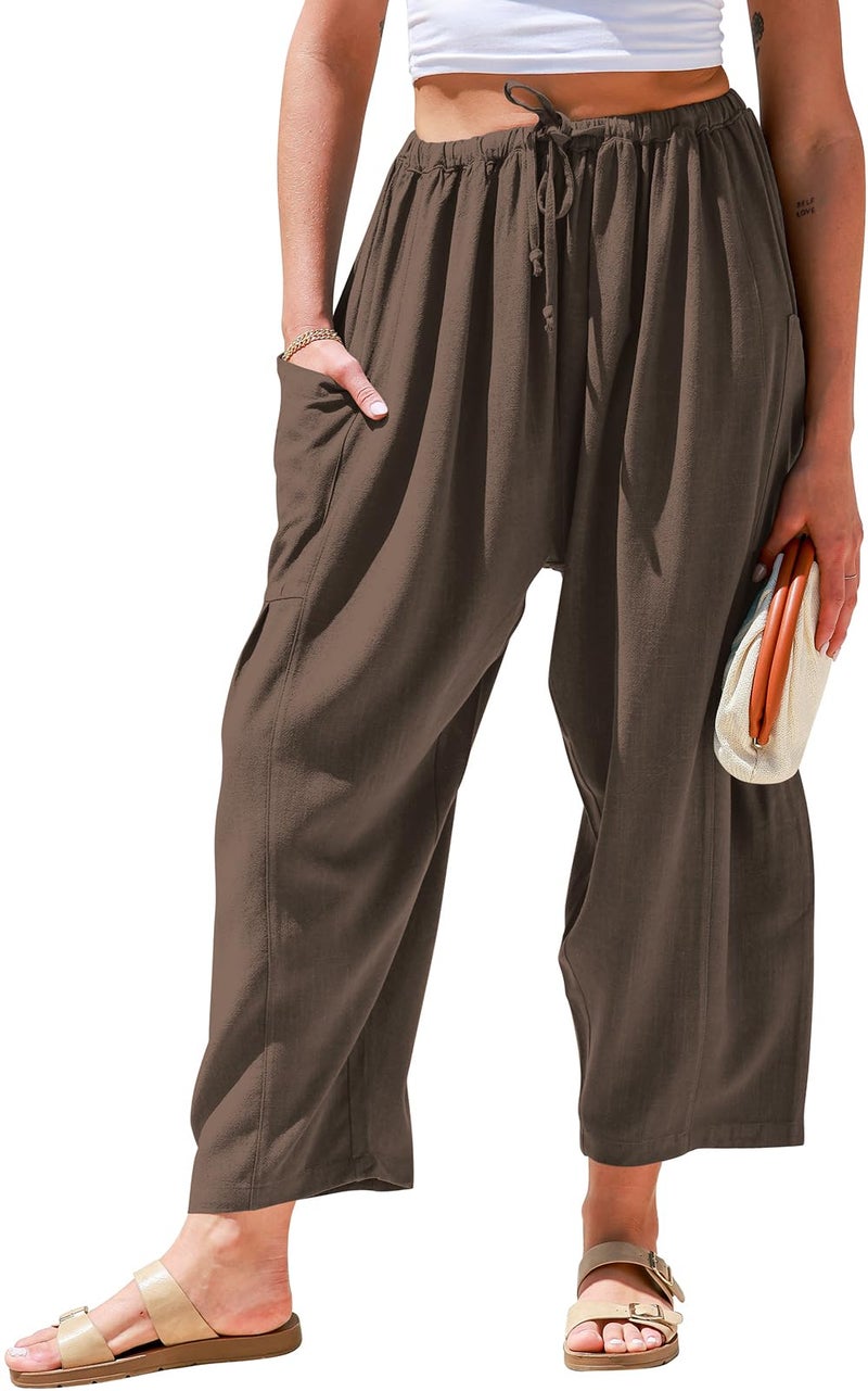 TARSE Womens Linen Wide Leg Pants Casual Loose Drawstring Low Waist Summer Beach Palazzo Harem Pants with Pockets 2025CoffeeS