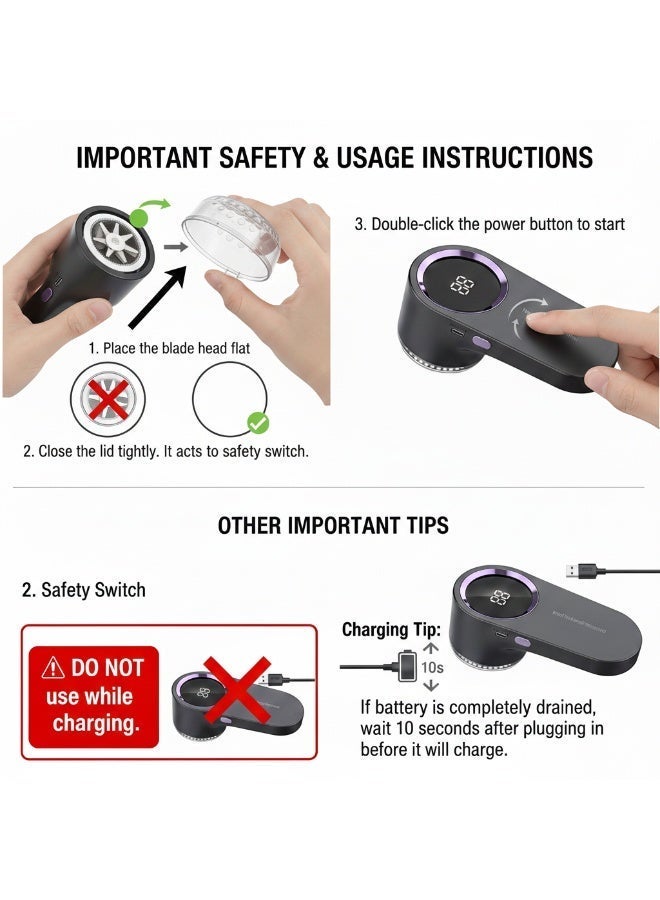 Electric Fabric Shaver  Lint Remover - Rechargeable USB, Digital Display, Portable Fuzz Shaver for Clothes with Brush | Household Hair Ball Trimmer - Image 2