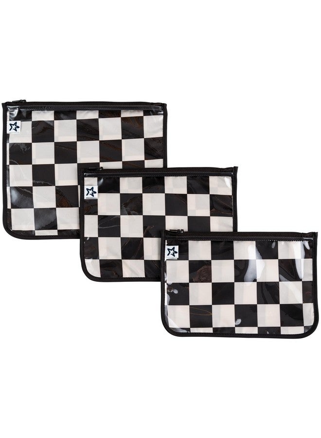 Tiny Twinkle Mess-Proof Travel Bags, Airline Compliant, Zipper Closure, Clear Front Pouch, Diaper Bag Packing, Toiletry Or Cosmetics Organizer 3 Pack Set (Black Checkers)  - Image 1