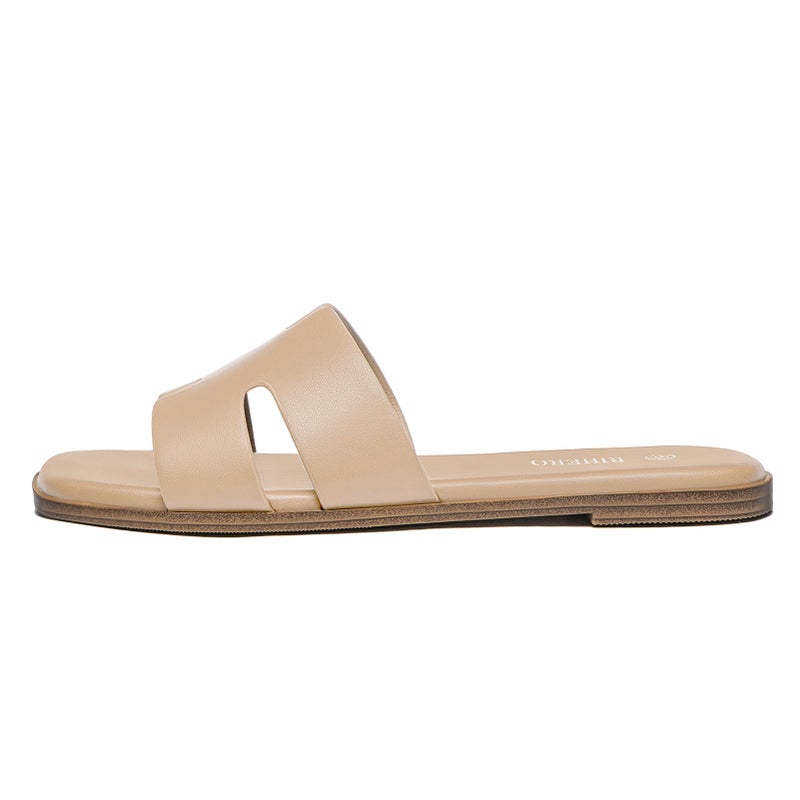 Rihero Women's Dressy Flat Sandals Comfortable Slip On Leather Slide Tan Sandals - Image 4