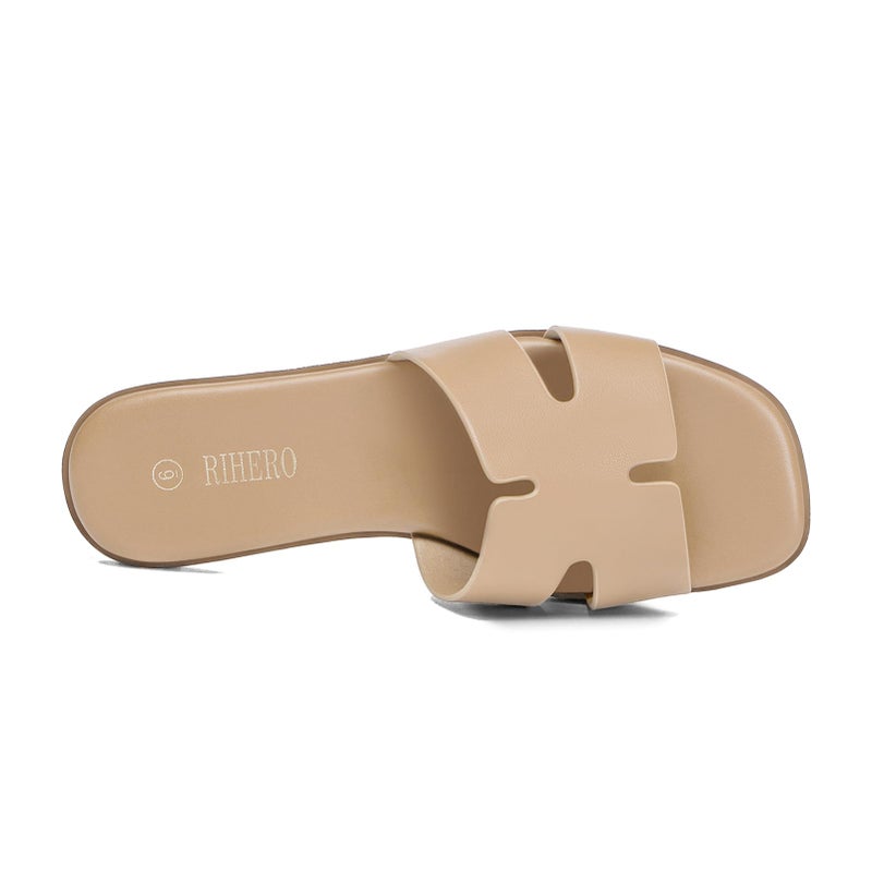 Rihero Women's Dressy Flat Sandals Comfortable Slip On Leather Slide Tan Sandals - Image 5