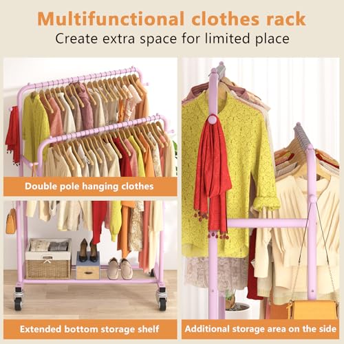 Laiensia Double Rods Garment Rack with Wheels, Clothing Rack for Hanging Clothes,4 Hooks, Multi-Functional Bedroom Clothes Rack, Pink - Image 4