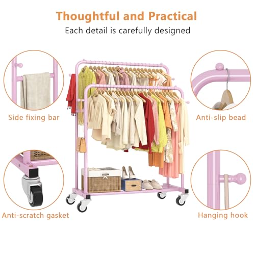 Laiensia Double Rods Garment Rack with Wheels, Clothing Rack for Hanging Clothes,4 Hooks, Multi-Functional Bedroom Clothes Rack, Pink - Image 5